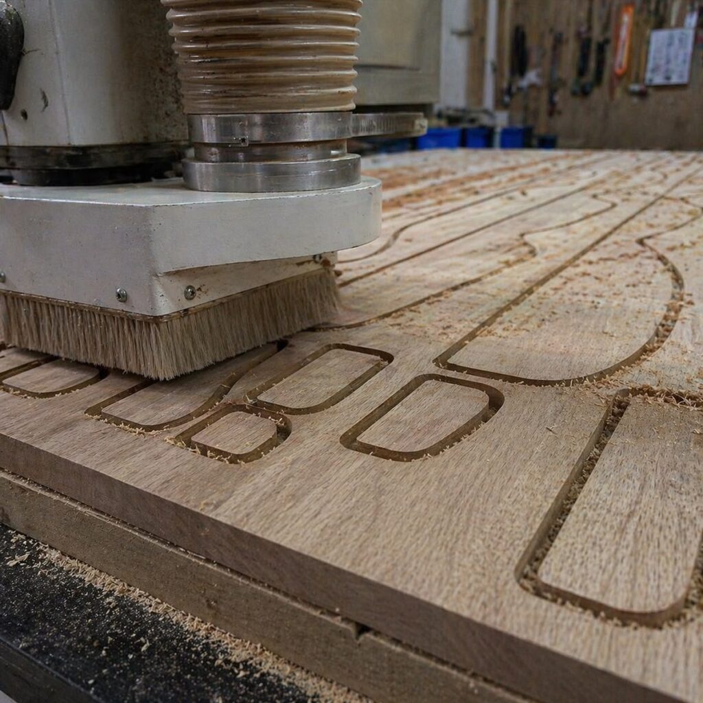 Máquina CNC cortando piezas anidadas en panel de madera sólida.